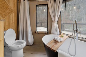 Shower, hair dryer, towels - Romantic Smoky Mountain Safari Tent, King Bed, Hot Tub, Firepit, Soaking Tub (Bryson City)