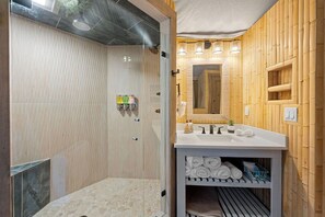 Shower, hair dryer, towels - Romantic Smoky Mountain Safari Tent, King Bed, Hot Tub, Firepit, Soaking Tub (Bryson City)