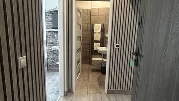 Regadera, secadora de cabello, toallas, jabón