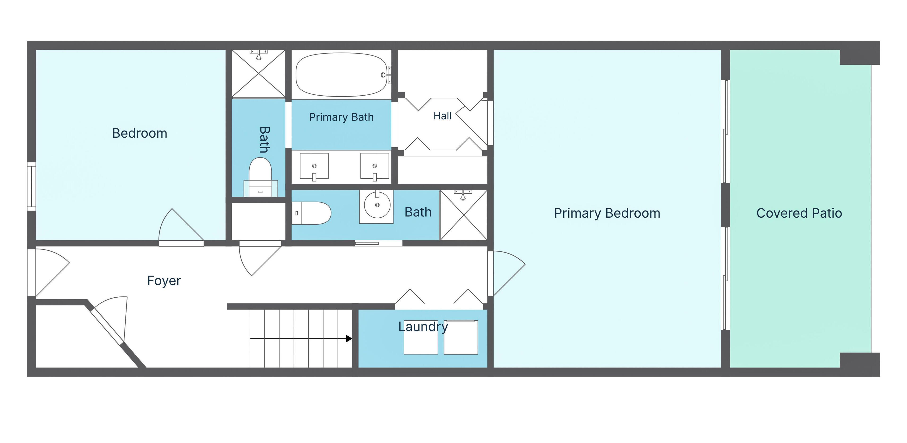 Plano de planta que muestra un dormitorio, dormitorio principal, patio cubierto, vestíbulo, baño principal, baño secundario y zona de lavandería.