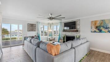 Smart TV, fireplace, books, music library