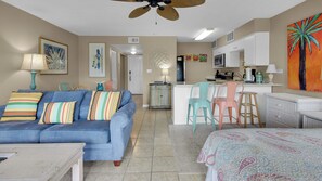 Condo, 1 Queen Bed with Sofa bed, Patio, Ocean View (Beachfront Condo II 202A) | Living area | 42-inch flat-screen TV with digital channels - 2 Minutes To The Beach & Dog Friendly - Sleeps 4 (Santa Rosa Beach)