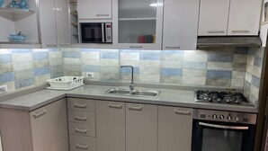 Een moderne keuken met een gasfornuis, oven, magnetron en een spoelbak.
