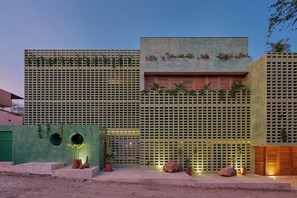 A modern building with a green facade, a flat roof, and a small garden area with potted plants and a rock. - Punta Nayaá - Adults Only (Santa Maria Colotepec)
