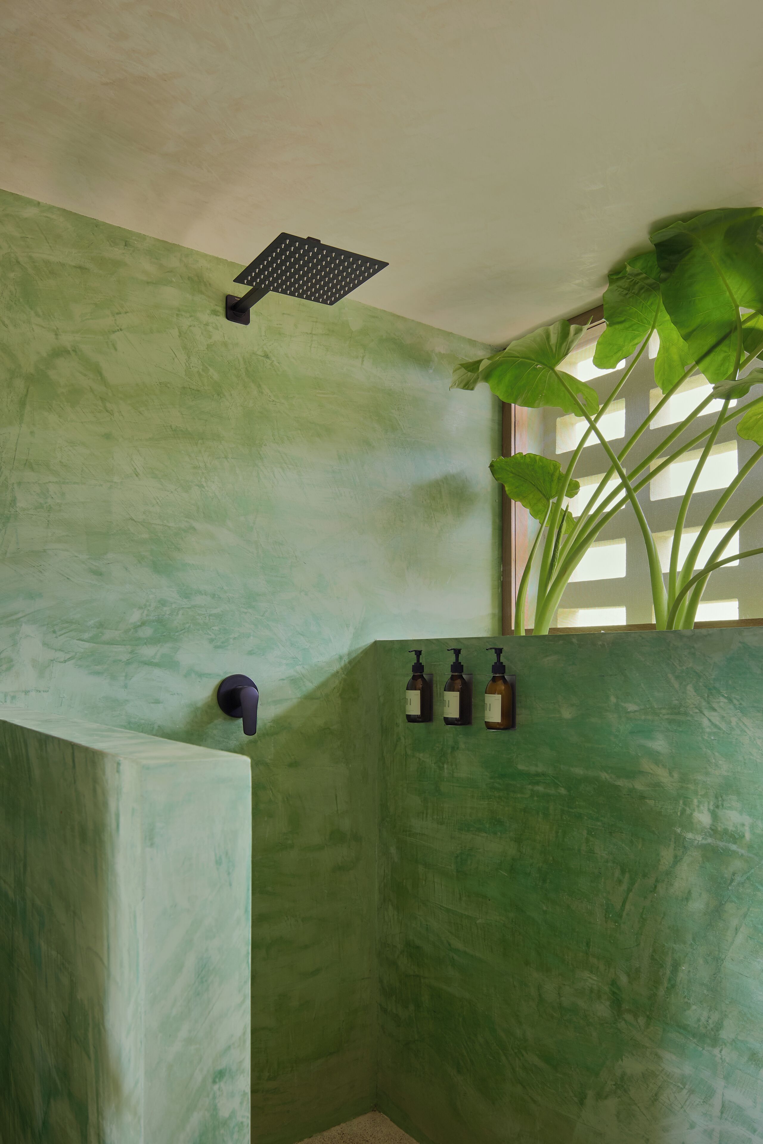 Un baño con paredes verdes, un cabezal de ducha y tres botellas de jabón líquido.