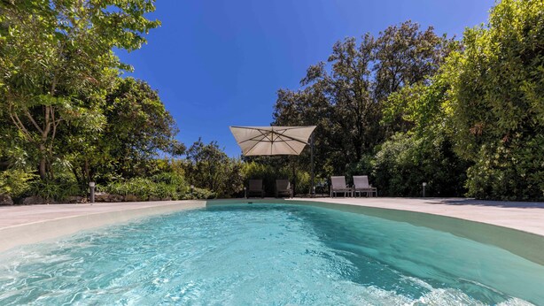 A clear swimming pool surrounded by lush greenery, with a covered seating area and lounge chairs. - 06BV2 : Nice cottage with pool (Grasse)