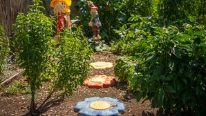 Un jardín con un sendero, plantas pequeñas y figuras decorativas.
