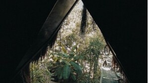 Habitación con piso de madera en patrón de espiga y ventana triangular con vista a un jardín exuberante.