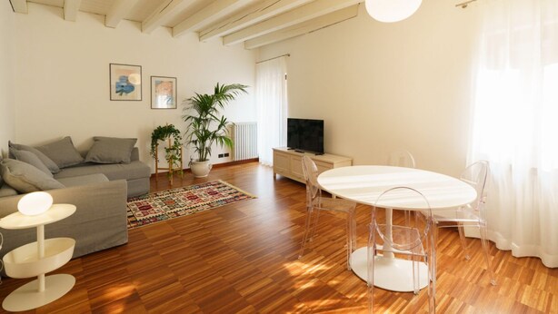 A living room with a sofa, a dining table with chairs, a TV, and a potted plant. - Spacious and bright penthouse with 3 small balconies (Verona)