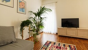 A living room with a sofa, a television on a cabinet, a potted plant, and a patterned rug. - Spacious and bright penthouse with 3 small balconies (Verona)