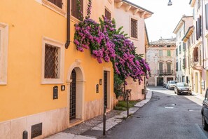 Une rue étroite avec un immeuble jaune doté d’une grande fenêtre et d’une porte.