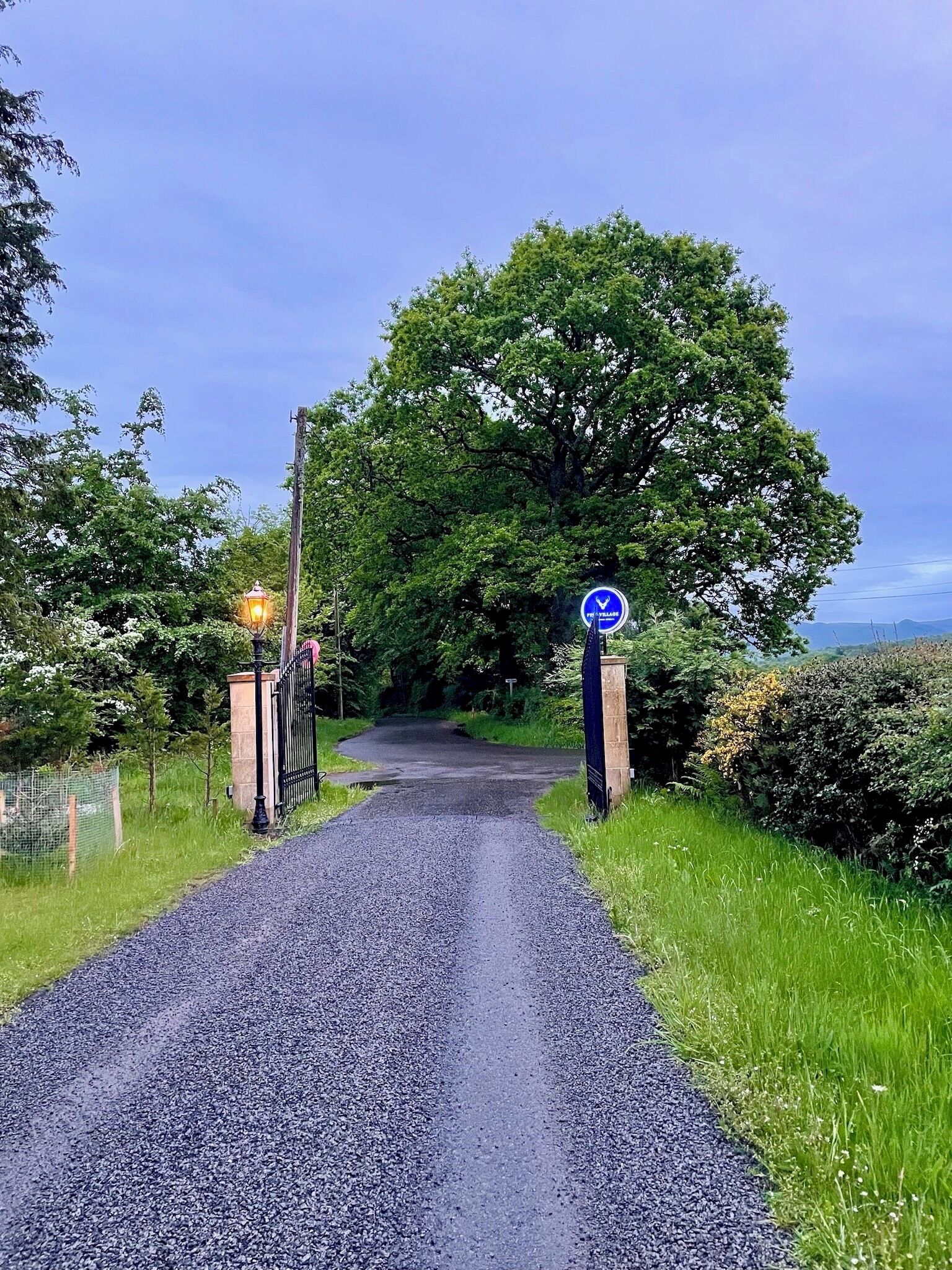 A rural road with a blue circular sign, a lamp post, and a metal gate.