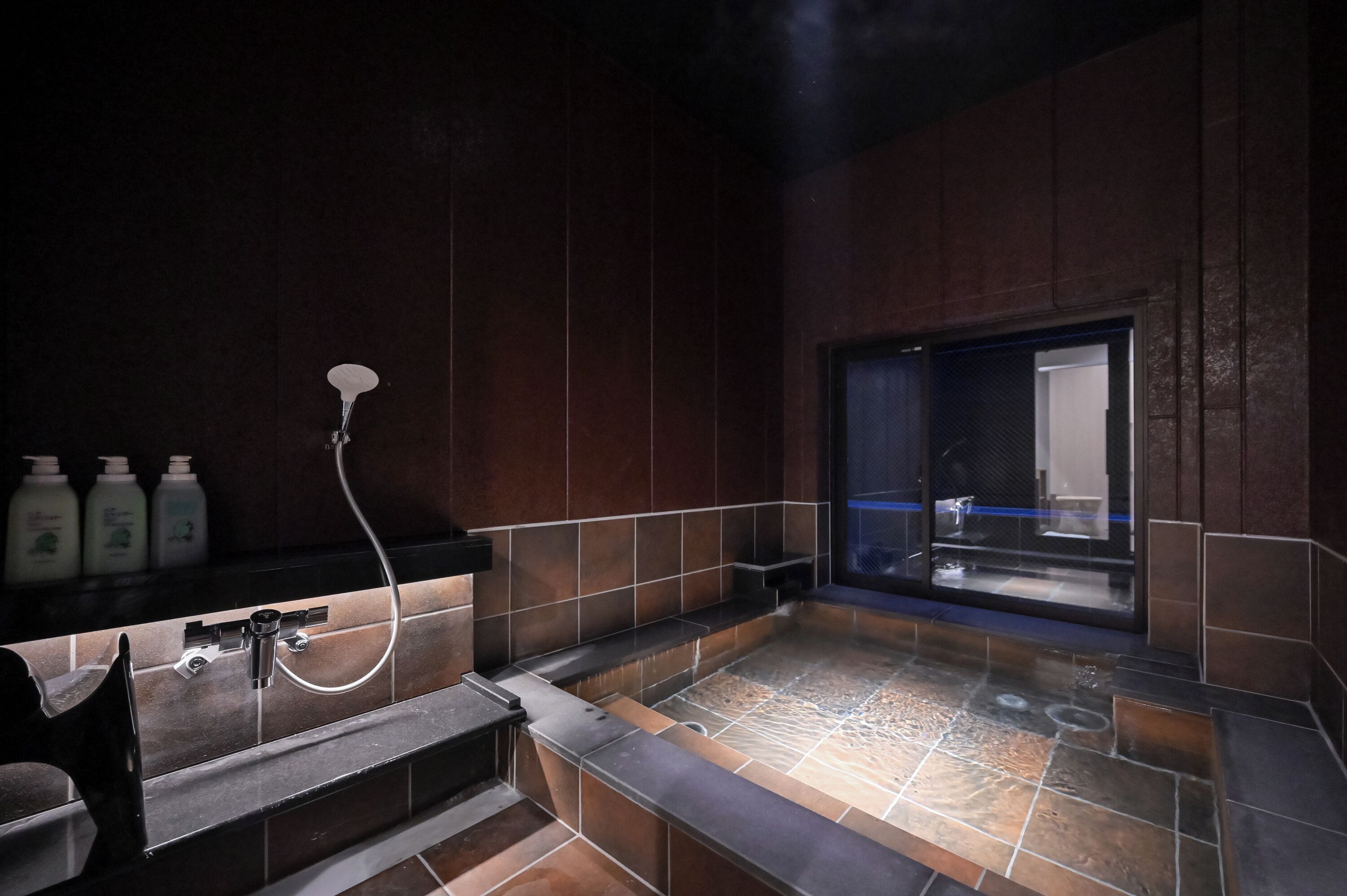 A modern bathroom with a built-in hot tub, a shower area, and a vanity with toiletries.