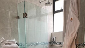 Un baño moderno con ducha envuelta en vidrio, inodoro y barra para toallas.