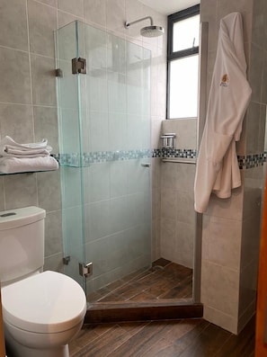 Executive Double Room, Non Smoking, City View | Bathroom | Shower, rainfall showerhead, hair dryer, bathrobes - Suites del Valle (Mexico City)