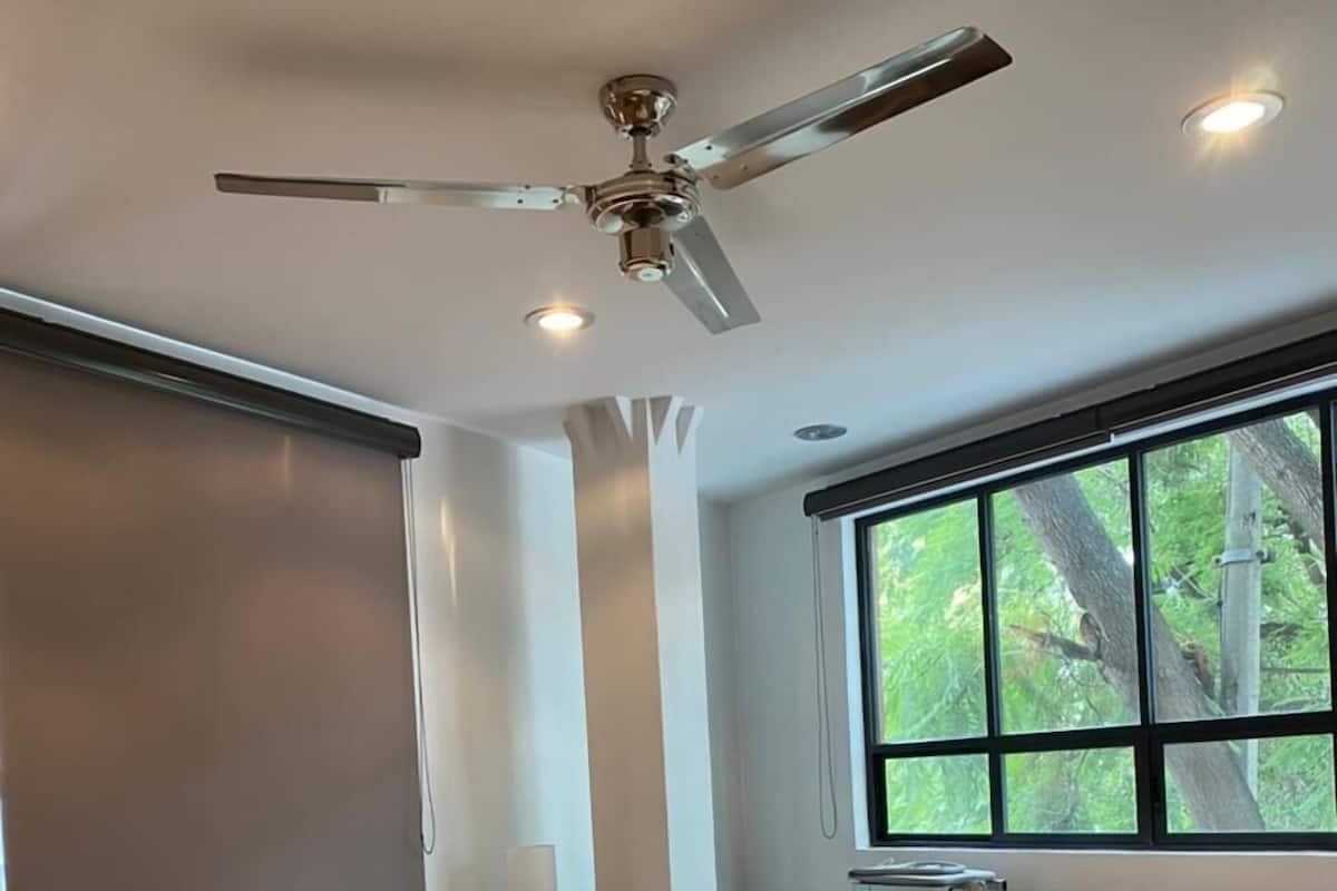 A modern bedroom with a large bed, a ceiling fan, a desk, and a window with a view of trees.
