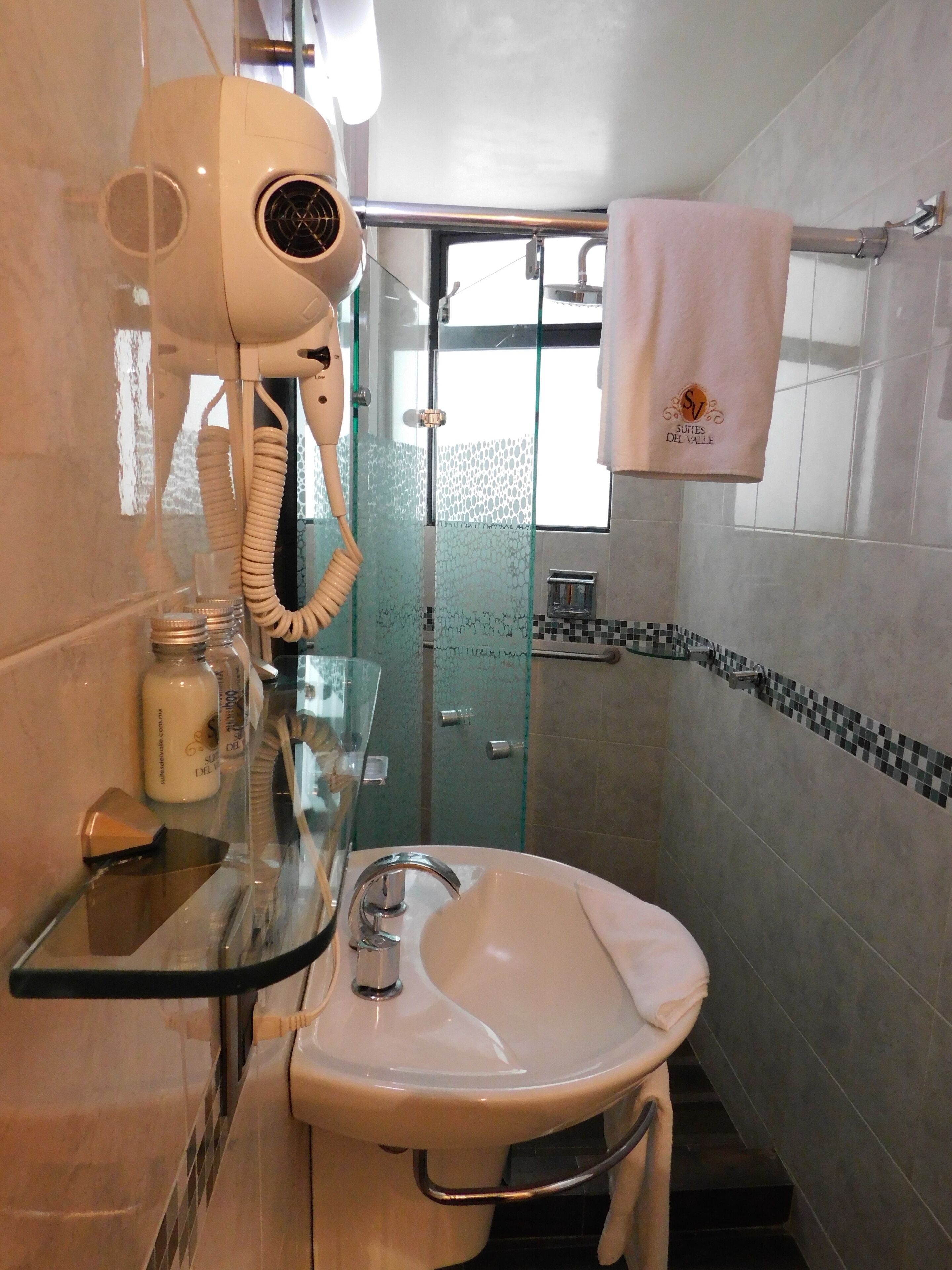 Une salle de bain avec une douche à parois de verre, un lavabo blanc et un sèche-cheveux posé sur une étagère en verre.