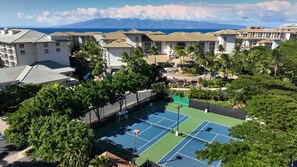 Enjoy a game of tennis surrounded by lush greenery and palm trees, with breathtaking views of the distant mountain range and ocean.