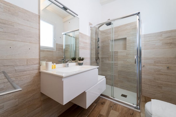 Shower, hair dryer, bidet, towels