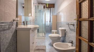 Shower, hair dryer, bidet, towels