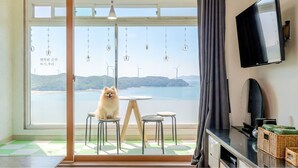 A room with a large window, a dog sitting at a table, and a TV on the wall.