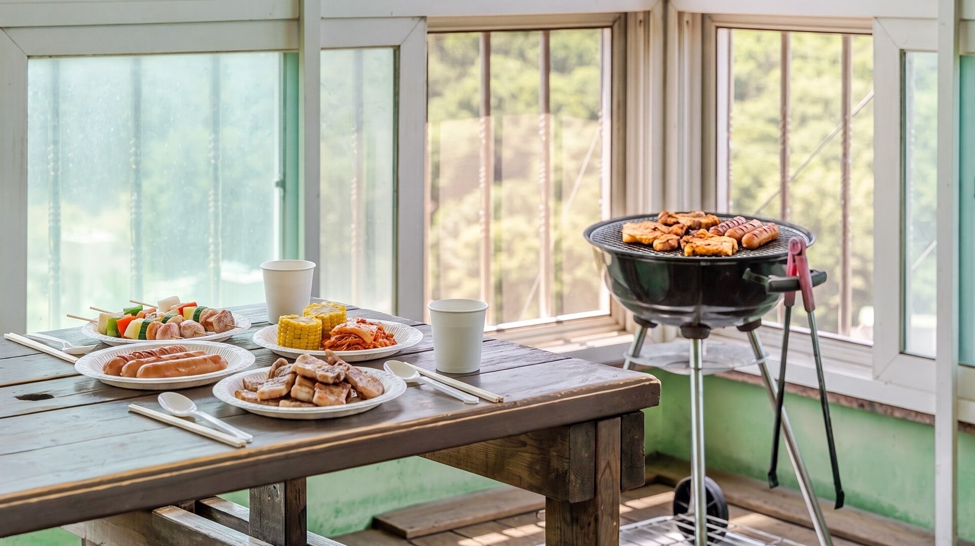 Une table en bois, sur laquelle sont disposés divers aliments, et un barbecue dans une pièce dotée de grandes fenêtres.