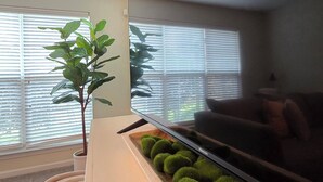 Un salon moderne avec un téléviseur à écran plat, une plante en pot et une rangée de décorations sphériques vertes.