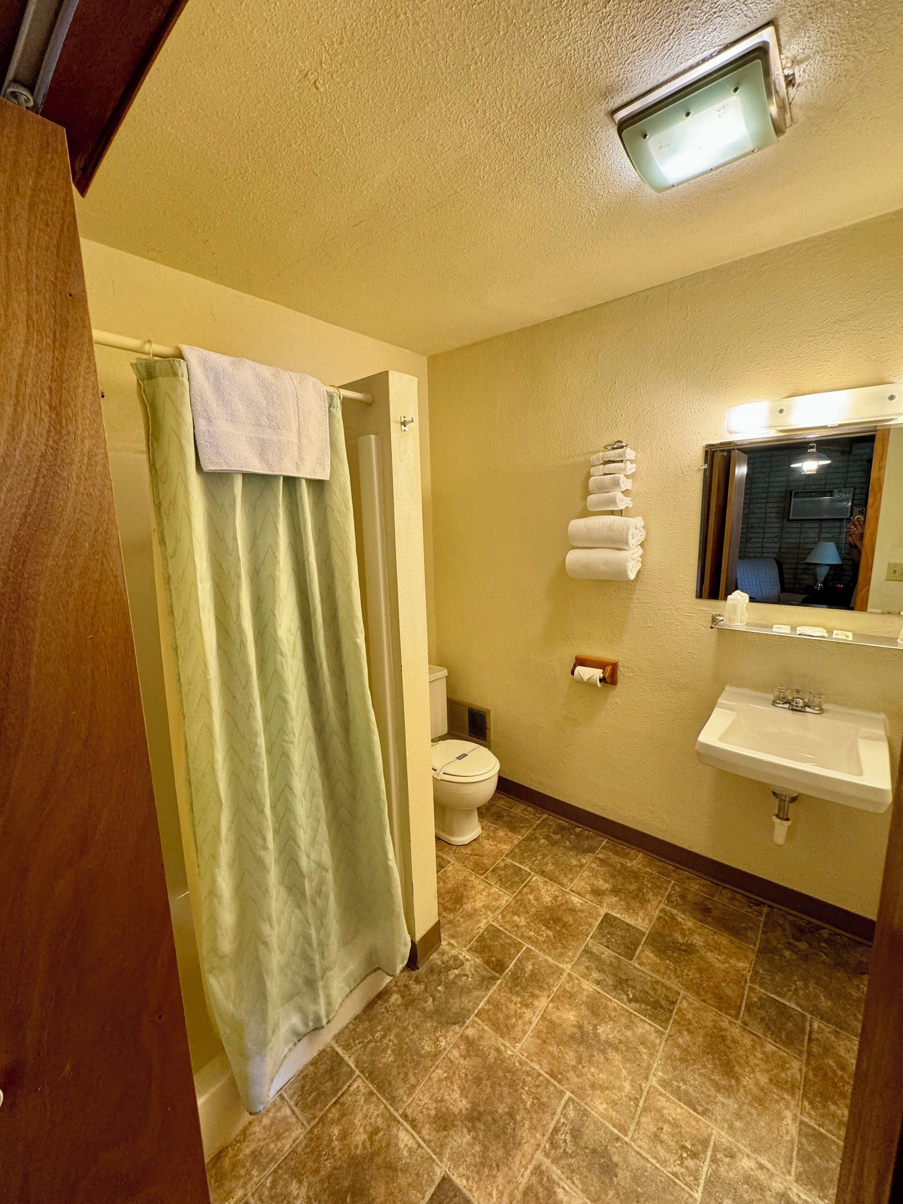 A bathroom with a shower, toilet, and sink.