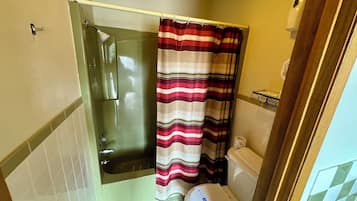 A bathroom with a glass shower enclosure, a toilet, and a striped shower curtain.