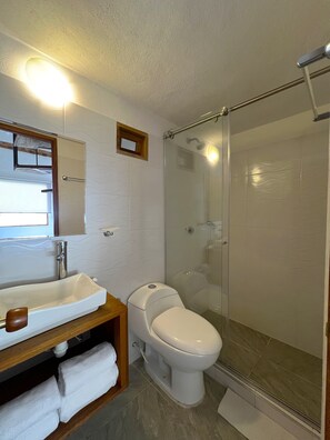 Dusche, Haartrockner, Handtücher, Seife