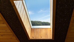 Un tragaluz en una habitación de madera con vistas a un área boscosa.