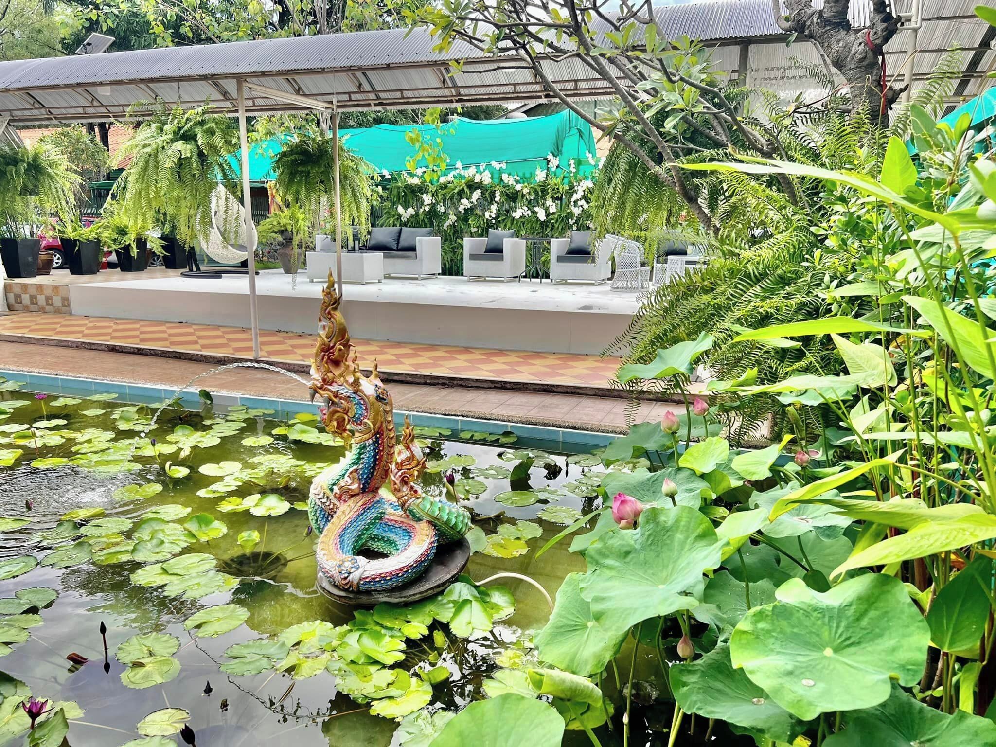 A decorative dragon sculpture in a pond surrounded by lush greenery and potted plants.