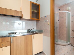 A modern kitchen with wooden cabinets, a stainless steel sink, and a glass-enclosed shower area. - Jerkan 13 by Interhome (Podstrana)