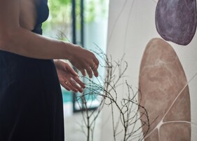 A person reaching out to touch a branch.