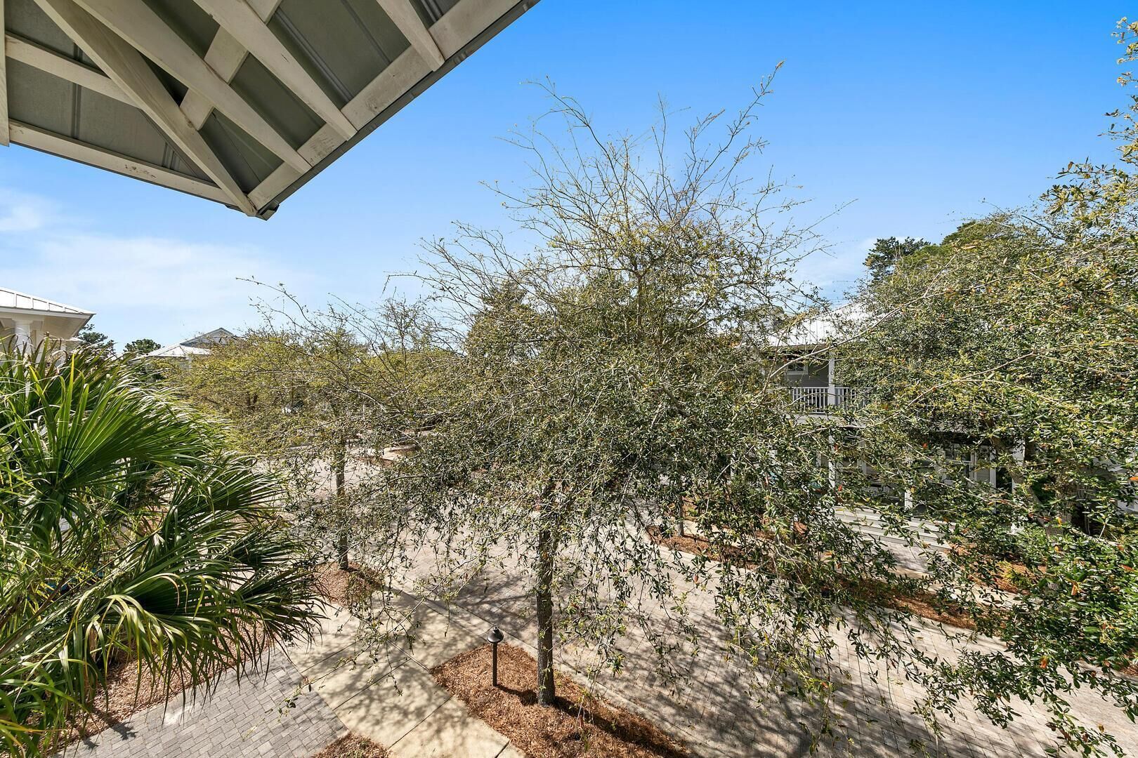 A courtyard with trees, a pathway, and a building in the background.