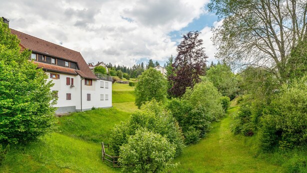 Un bâtiment blanc doté d’un toit en pente, entouré d’une végétation luxuriante et d’arbres.