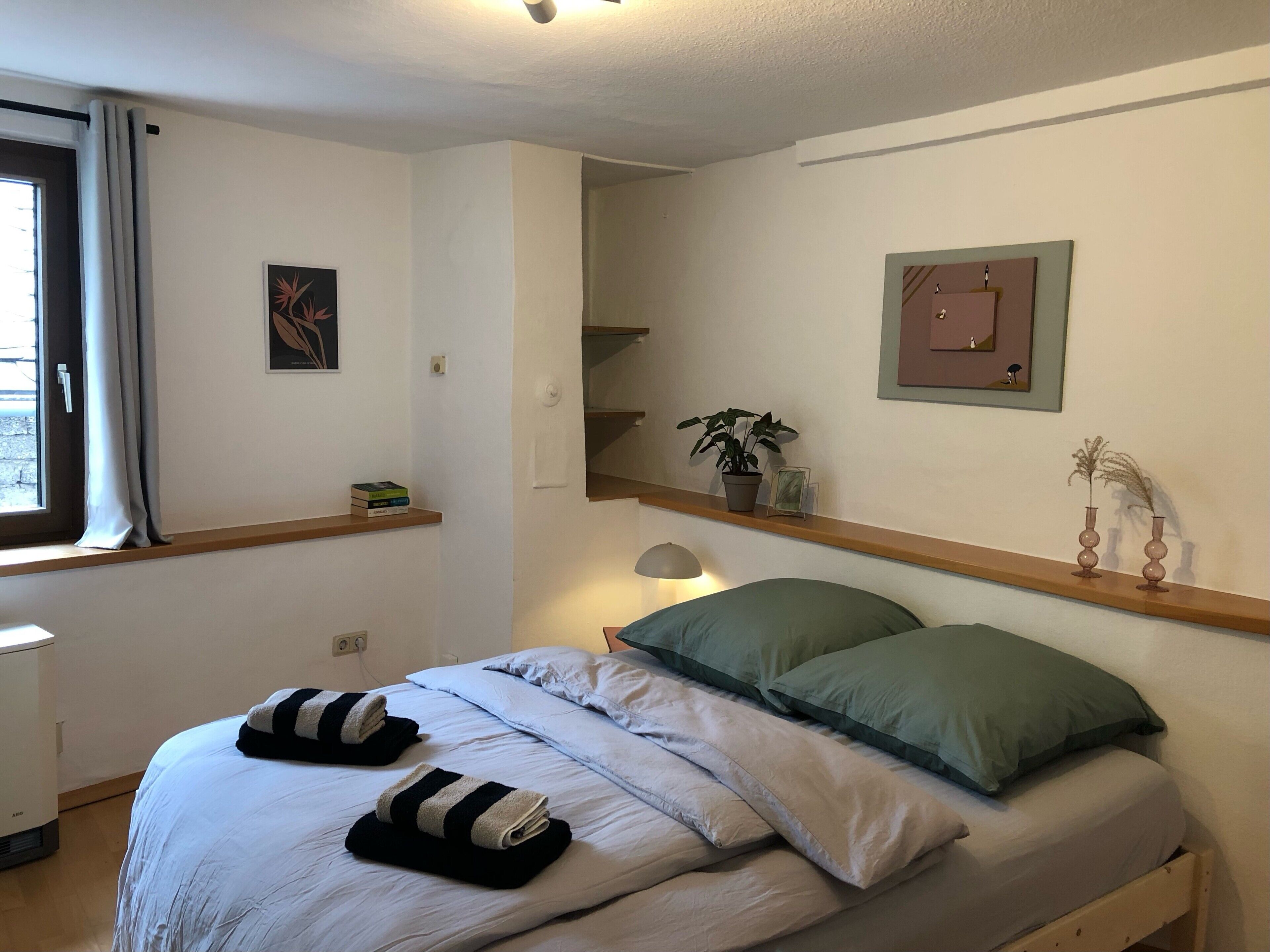 A bedroom with a bed, pillows, a bedside table, a window with curtains, a wall-mounted shelf with a plant, and a framed picture.