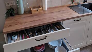 A kitchen with a wooden countertop, a sink, a built-in drawer with utensils, and a small plant.