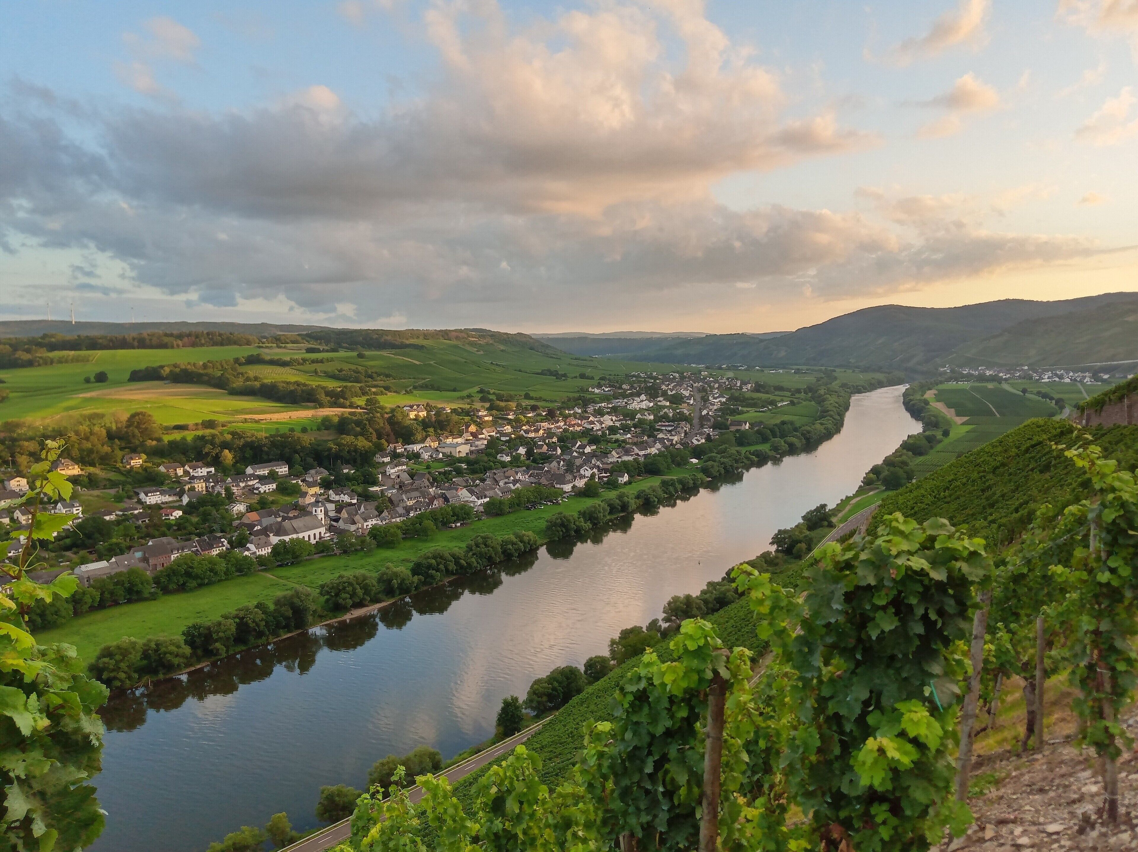 A river flowing through a town with vineyards on the hills.
