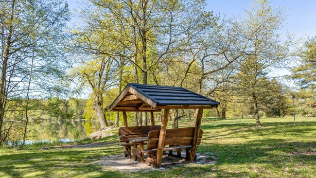 Ein hölzernes Pavillon mit Bänken in einem Park.