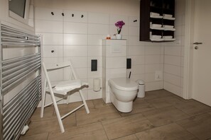 Shower, hair dryer, towels - Holiday Home 'Ferienhaus Großtrappe, Barrierefrei' with Private Terrace, Private Garden and Wi-Fi (Stechow-Ferchesar)