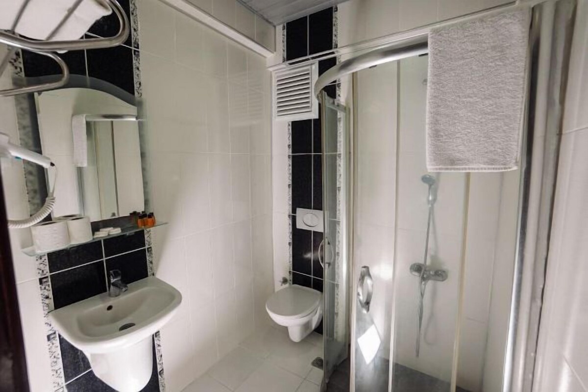 A bathroom with a sink, toilet, and glass-enclosed shower.