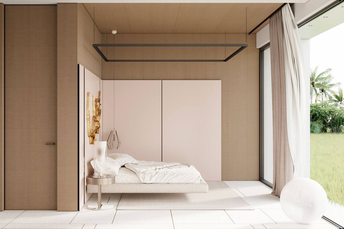 A modern bedroom with a minimalist design, featuring a bed, bedside table, and a large window with a view of greenery.