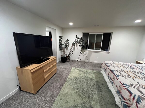 A bedroom with a TV on a wooden cabinet, a window, a bed with patterned bedding, and two potted plants. - Forest home and outdoor adventure paradise! (Springfield)
