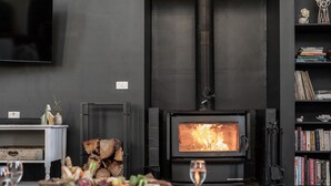 En hyggelig stue med brændeovn, et fladskærms-tv, en reol og et spisebord med en kurv med frugt og vinglas.