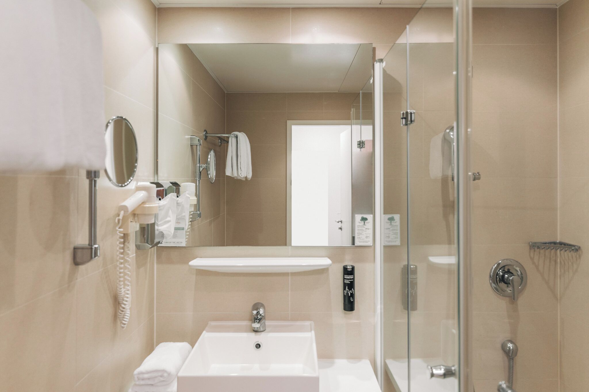 A modern bathroom with a glass shower enclosure, a white sink, and a mirror.