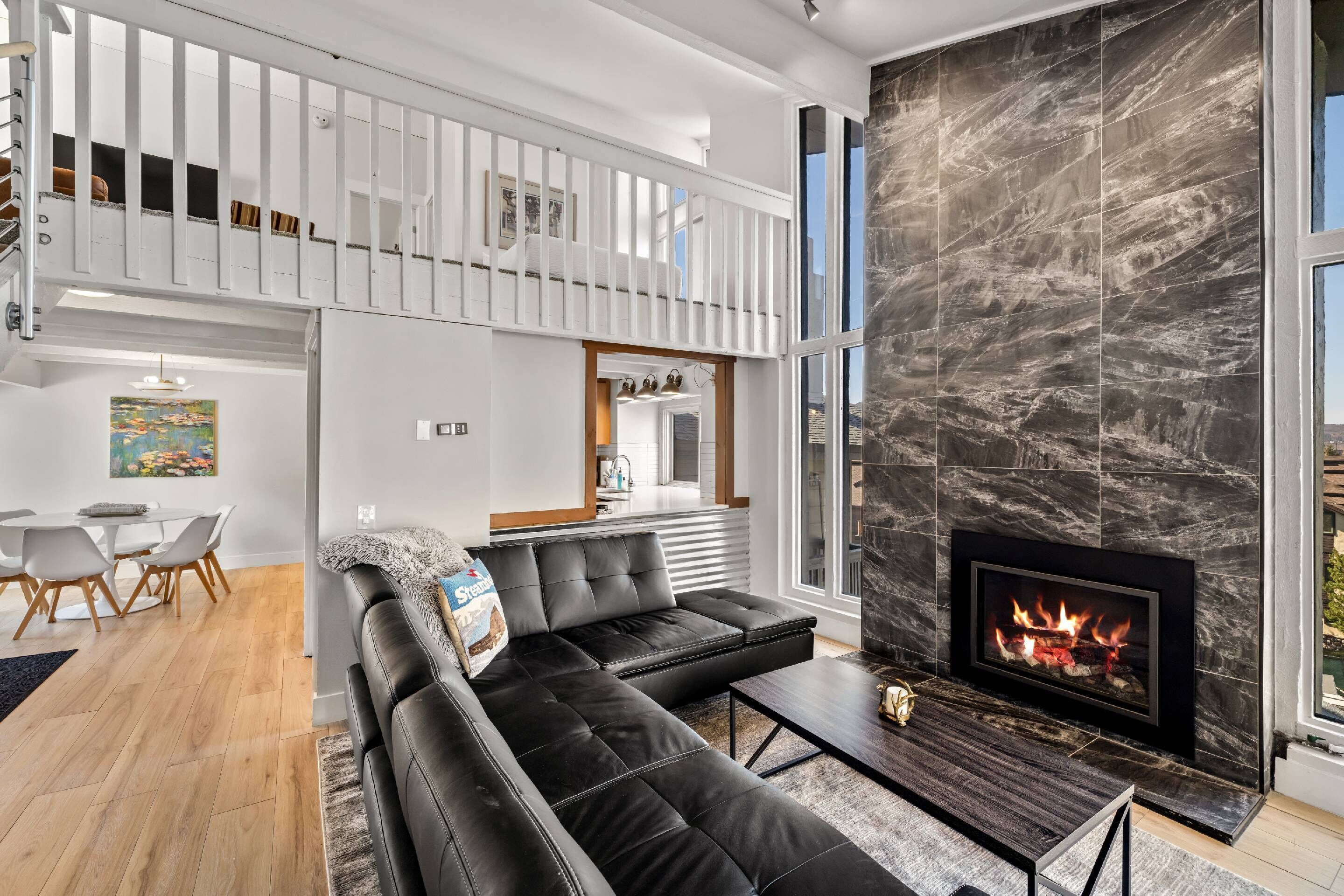 Smart TV, chimenea, reproductor de DVD y libros 