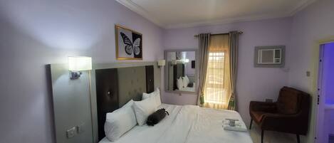 A hotel room with a bed, a chair, a desk, a mirror, a ceiling fan, and a window with curtains.