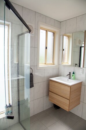 Shower, hair dryer, towels, soap