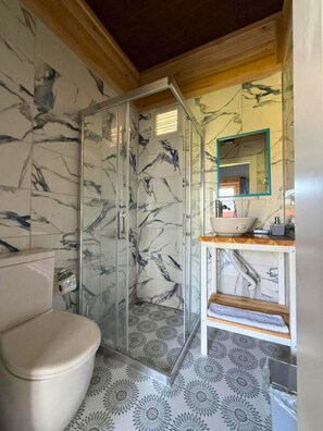 Ducha, secador de pelo, toallas, jabón